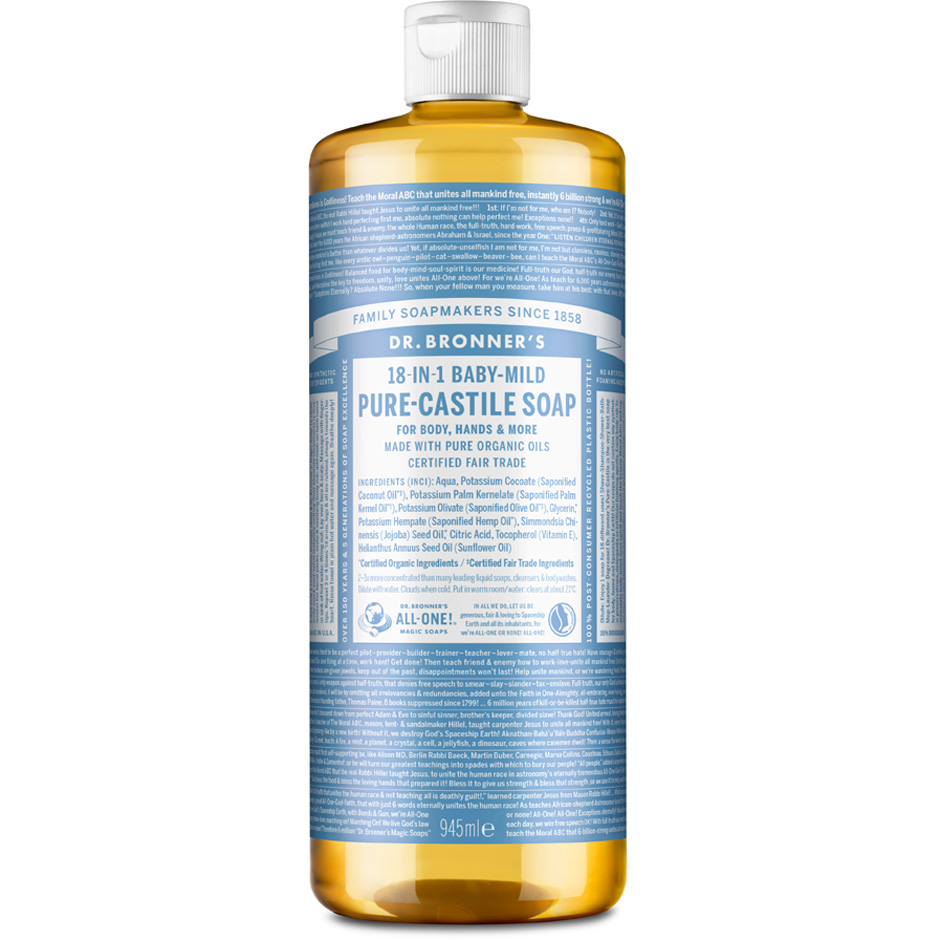 Dr. Bronner's Pure Castile Liquid Soap Baby-Mild Unscented For Body, Hands & More - 945 ml